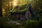 Mossy Haven: A Cozy Cabin in the Forest Glowing with Gentle Dawn