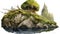 A mossy rock perched over a river. (Generative AI