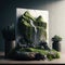 mossy rocks and a waterfall cascading down a mountain background for cosmetic products, mock up pedestal AI generation