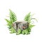 Mossy stump with green grass and fern around. Watercolor illustration. Tree cut trunk with green moss, grass and