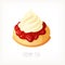 Most classic English dessert side dish for afternoon tea. Cream tea scone with jam and whipped cream on top.