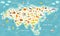The most detailed animals world map, Eurasia. Also, birds, ocean life, reptiles, and mammals. Beautiful cheerful colorful vector i