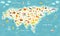 The most detailed animals world map, Eurasia. Also, birds, ocean life, reptiles, and mammals. Beautiful cheerful colorful vector i