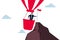 Most efficiency way to reach business goal, smart businessman flying balloon reaching mountain peak to grab success flag