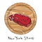 Most popular steak new york strip on a round wooden cutting board. Beef cut. Meat guide for butcher shop or steak house restaurant