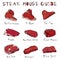 Most Popular Steak Types Set. Beef Cuts. Top Meat Guide for Butcher Shop or Steak House Restaurant Menu. Hand Drawn Illustration.