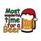 Most wonderful time for a beer- funny Christmas text, with Santa`s cap on beer mug.