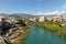 Mostar, Bosnia and Herzegovina - april 2017: Nerteva River and Old City of Mostar, with Ottoman Mosque