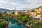 Mostar mosque with river in old town. Bosnia and Herzegovina