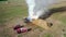 MOSTY, BELARUS - september, 2020: Fire engines extinguish straw