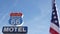 Motel retro sign on historic route 66 famous travel destination, vintage symbol of road trip in USA. Iconic lodging signboard in