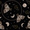 Moth, phases of the moon and stars, herbs. Seamless pattern, vector illustration in realistic style. Halloween, magic