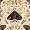 Moth, phases of the moon and stars, wormwood and fern. Seamless pattern in scandinavian folk style. Halloween, magic