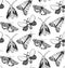 Moth seamless pattern. Hand drawn illustration of flying insects. Black and white sketches.