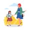 Mother accompanying her daughter to school, flat vector illustration isolated.