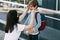 Mother adjusts her son`s mask. A mother and child on their way to school or kindergarten during a coronavirus pandemic. Protectiv