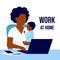 Mother african american black with child working laptop at home. Working on maternity leave with baby in her arms