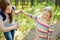 Mother applying insect repellent to her daughter before forest hike summer day. Protecting children from biting insects at summer