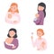 Mother with babies. Female nurse toddlers. Young moms and little children. Happy parenting characters. Maternity concept