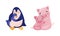 Mother and baby animals set. Penguin and pig moms hugging their kids cartoon vector illustration