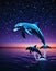 Mother and baby dolphins jump at night Dolphin reflecting star light