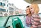 Mother and baby girl travel by venice water bus