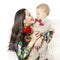 Mother and Baby Gives Flower Bouquet Gift, Happy Mom and Son Boy