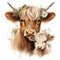 Mother and Baby Highland Cow with Minimalist Flowers AI Generated