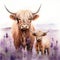 Mother and Baby Highland Cow in a Scottish Field with Purple Thistles AI Generated