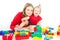 Mother Baby Kid Playing Blocks Toys, Little Child Girl