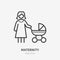 Mother baby line icon, vector pictogram of woman with stroller. Young mom on maternity leave, babysitting illustration