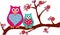 Mother & Baby Owls on a Blossom Branch