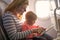 Mother and baby on plane