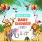 Mother baby shower. Template invitation children party greeting baby tropical animals card, cartoon vector illustration