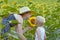 Mother and baby son stand and inhale the scent of sunflower on the background of a blooming field