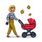 Mother with baby in stroller. Young stylish woman walking with baby carriage. Cartoon style girl walk with baby in autmn