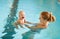 Mother and baby swim in pool