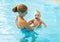 Mother and baby swim in pool