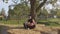 Mother and baby under the tree on the harvested straw in the village.