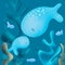 Mother and baby whale coral reef and tropical fish on a blue sea background. Underwater nature and marine wildlife.Family of sperm