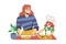 Mother baking with child. A woman rolls out the dough, a girl in a chef's cap cuts out the cookies. Concept of mom and
