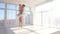 Mother in ballet outfit standing on tiptoe and holding on hands small daughter