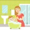 Mother Bathing her Son in Bathtub Full of Foam, Mom and Her Son in Everyday Life at Home, Bathroom Interior with