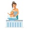 Mother bathing newborn baby child maternity nursing vector flat design