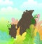 Mother bear and baby cub animals watercolor style cartoon walking in the forest landscape with clouds.