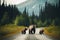 Mother bear and cubs come out of the forest and are crossing the road