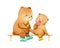 Mother bear with her baby sitting on a bench in rain boots. Gentle family illustration