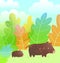 Mother Boar or Pig and little piglet kid cub, family walking in the forest nature watercolor style cartoon.