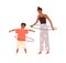 Mother and boy kid twirling hula hoops around waists. Happy family, mom and child, doing physical exercise. Woman and