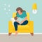 Mother breastfeeds baby sitting on a armchair at home. Cute vector illustration in flat style